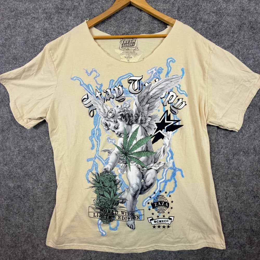 Fresh Laundry T-Shirt Mens 3XL Y2K Stay Trippy Cherub Weed‎ Graphic Raw Neck Tee